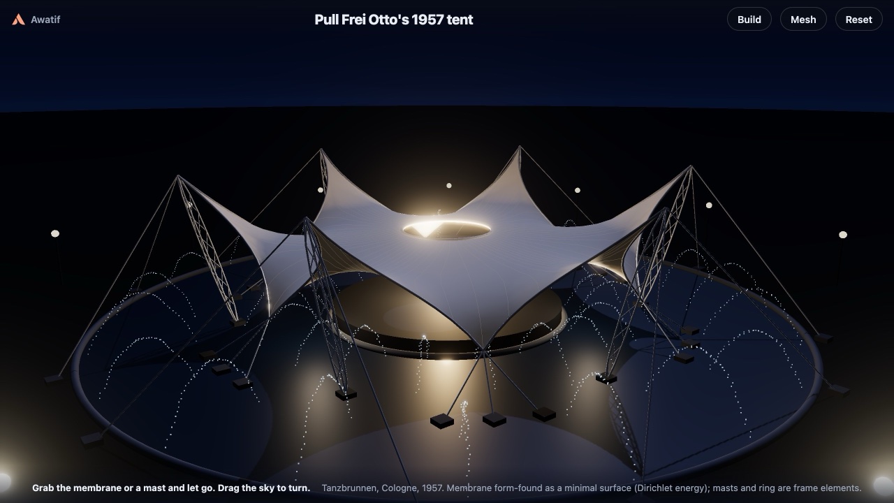 Frei Otto's Tanzbrunnen tent at night: a white membrane on six lattice masts around a glowing central ring, with fountains below
