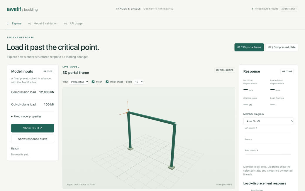 A 3D portal frame loaded towards buckling