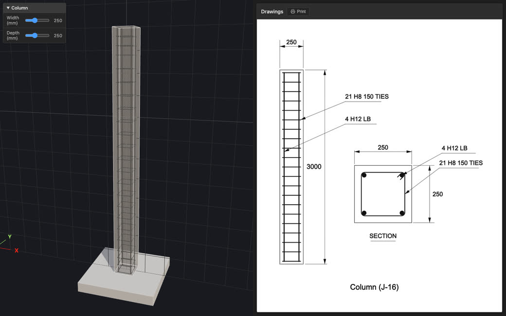 A reinforced concrete column beside its elevation and section drawing