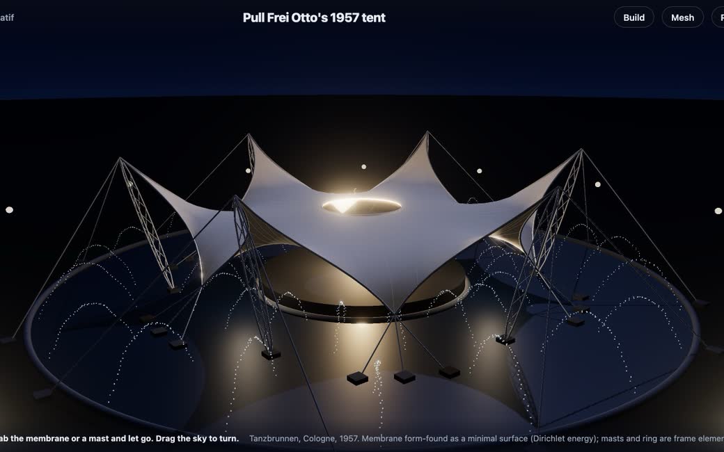 Frei Otto's Tanzbrunnen tent at night