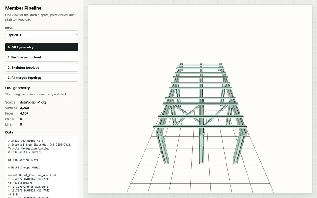 A steel frame skeleton built from OBJ geometry