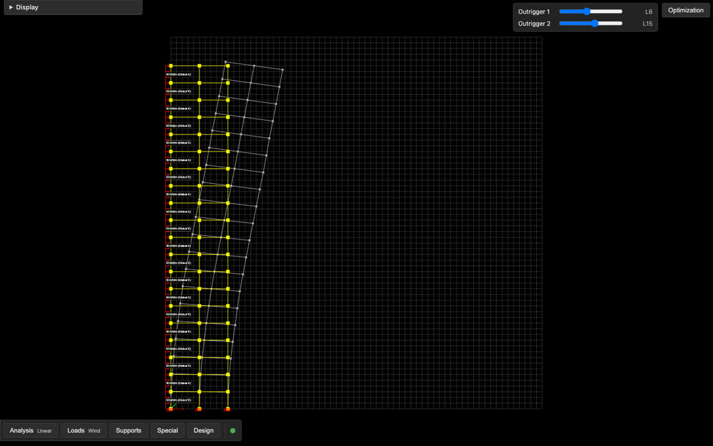 A tall frame swaying under lateral load with two outriggers