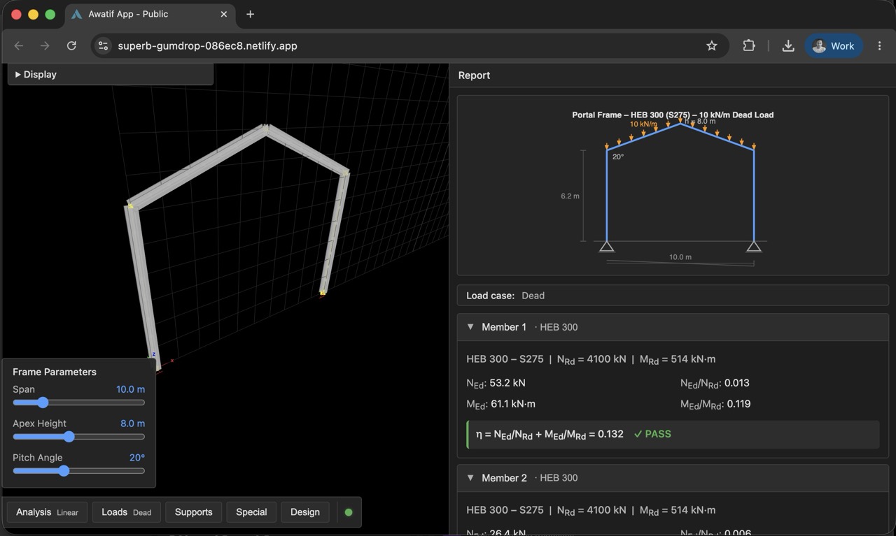 Portal frame engineering app preview with geometry inputs, live model, checks, report, and deployment outcomes